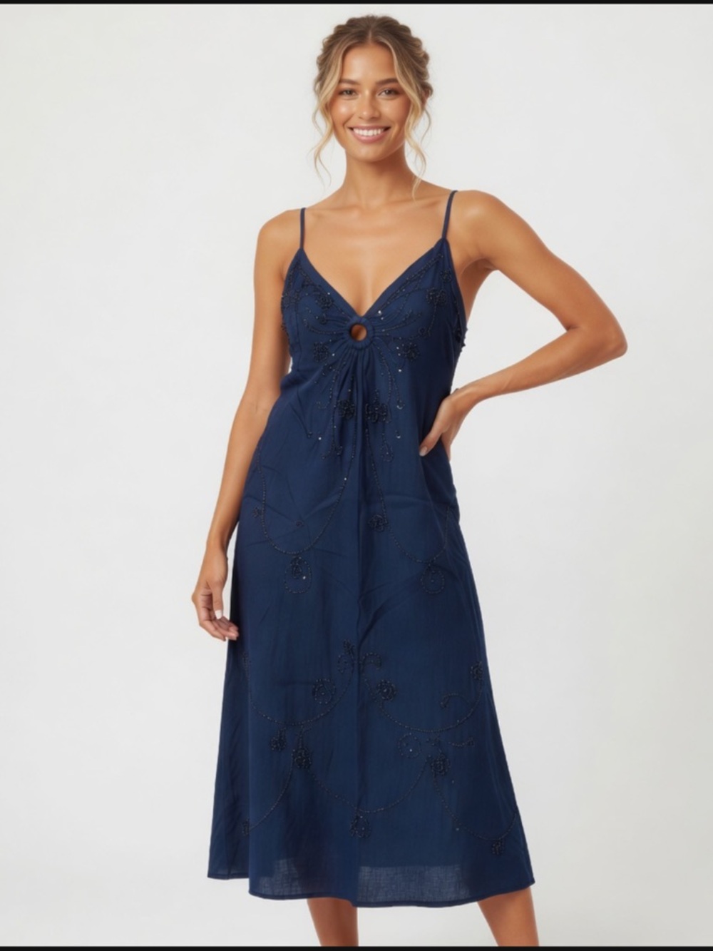 Island Planet Beaded &Sequin Adjustable Navy Blue Strap Midi Vacation Dress NWOT